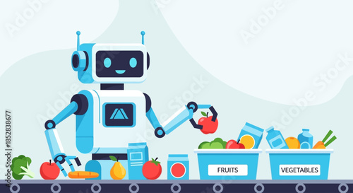 Robot hand sorting fruits and vegetables on an automated production line.