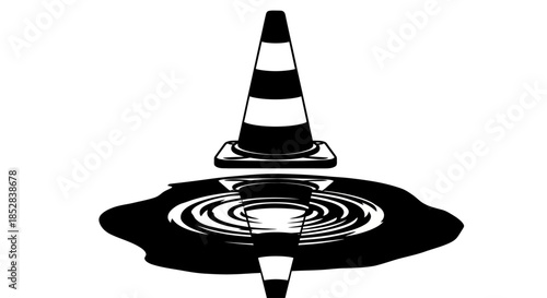 Traffic cone reflected in water with ripples