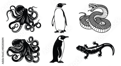Black and white vector illustrations of octopus, penguin, snake, and lizard