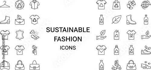 Sustainable Fashion Icons Set Featuring Eco Friendly Line Art Symbols for Ethical Clothing Recycling Organic Materials Green Industry Environmentally Conscious Retail and Slow Fashion