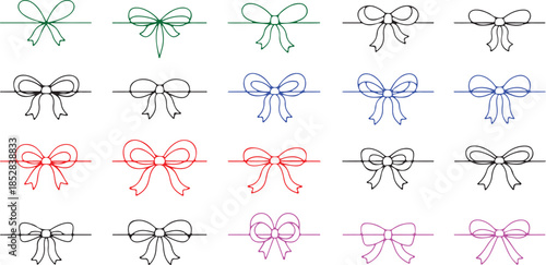 Red bow gift ribbon. Line collection. Holiday set. Red line bow gift ribbon. String bows for parcel wrap silhouette icons.