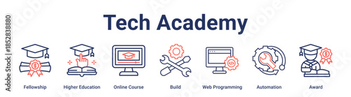 Tech Academy banner web icon vector illustration concept for education with icon of Fellowship, Higher Education, Online Course, Build, Web Programming, Automation.