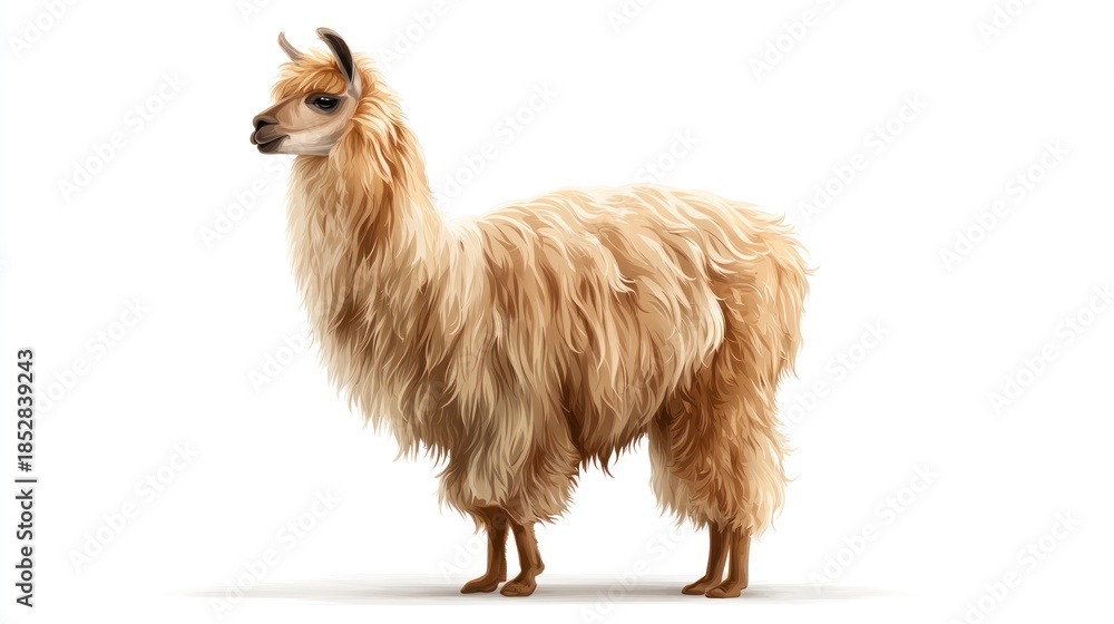 Fototapeta premium Isolated llama in profile with fluffy fur against a clean white background