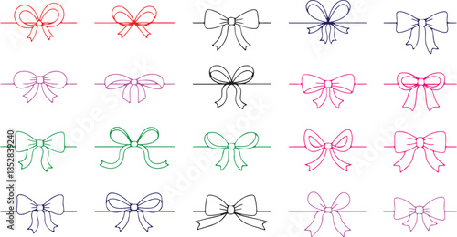 Red bow gift ribbon. Line collection. Holiday set. Red line bow gift ribbon. String bows for parcel wrap silhouette icons.