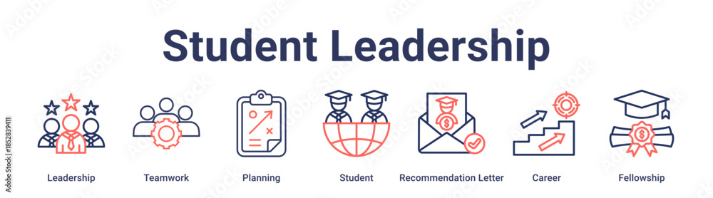 Fototapeta premium Student Leadership banner web icon vector illustration concept for education with icon of Leadership, Teamwork, Planning, Student, Recommendation Letter, Career.