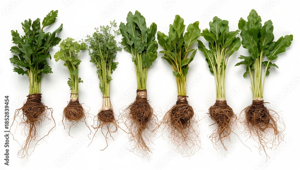 Fototapeta premium freshly harvested plants with their roots, showing the natural beauty of the earth. These plants showcases their vibrant green leaves and complex root systems