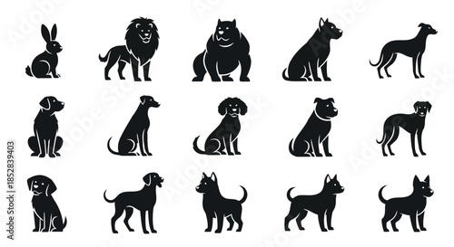 Black silhouettes of various dog breeds and a rabbit on white background vector