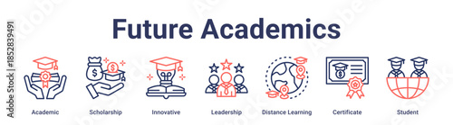 Future Academics banner web icon vector illustration concept for education with icon of Academic, Scholarship, Innovative, Leadership, Distance Learning, Certificate.