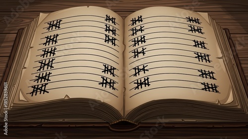 Ancient Ledger Book Filled With Tally Marks on Aged Pages.