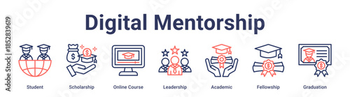 Digital Mentorship banner web icon vector illustration concept for education with icon of Student, Scholarship, Online Course, Leadership, Academic, Fellowship.