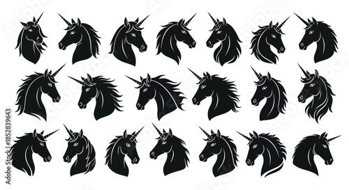 Collection of black unicorn head silhouettes on white background vector