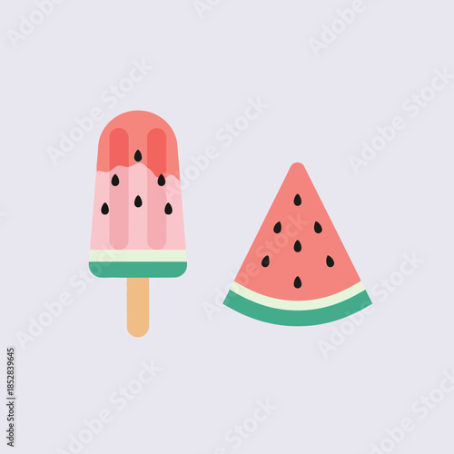 Refreshing watermelon popsicle and matching fruit slice flat vector illustration, perfect for summer and sweet treats