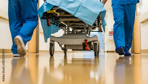 Emergency Hospital Gurney Being Pushed Rapidly Through Corridor by Medical Staff in Blue Scrubs