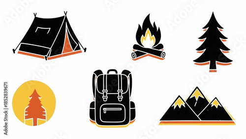 Vibrant flat design set of essential outdoor adventure and camping icons for travel exploration