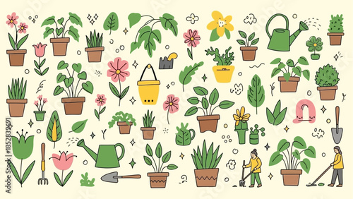 Illustrated collection of potted plants and gardening tools with vibrant colors