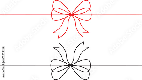 Red string bow ribbon rope tied up box present design vector. Gift bow for present icons set. Red bow gift ribbons minimal line set, vector drawing.