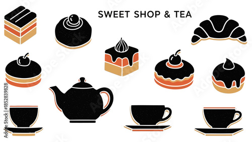 Delightful flat vector icons of cakes, pastries, and teaware, ideal for sweet shop branding and confectionery themes