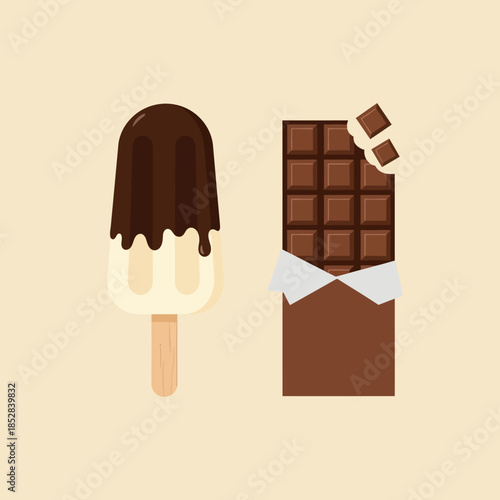 Delicious Chocolate Bar and Creamy Ice Cream Stick with Chocolate Topping