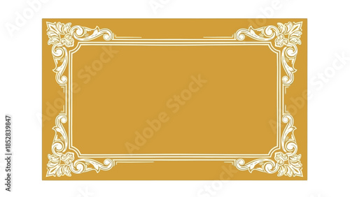 Elegant Golden Vintage Rectangular Frame with Ornate Floral Corner Decorations, Ideal for Upscale Invitations and Menu Designs