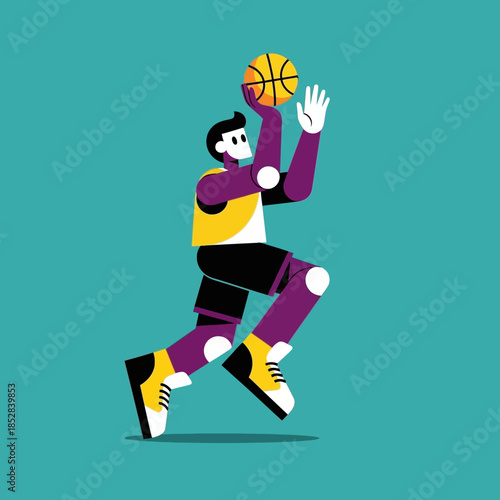 Dynamic basketball player elevates for a powerful jump shot, showcasing athletic skill and determination on the court