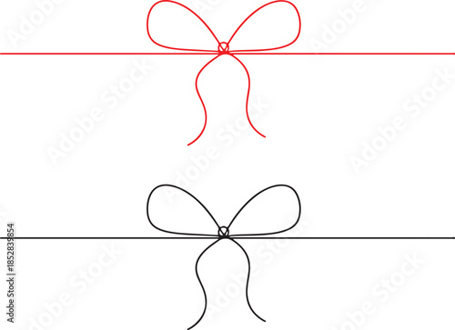 Doodle gift bow. Simple doodle red bows with string and knot for present. Black bow with tied rope and ribbon knot. Simple line design of string and thread for gift wrapping or marine cord.