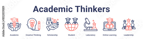 Academic Thinkers banner web icon vector illustration concept for education with icon of Academic, Creative Thinking, Scholarship, Student, Laboratory, Online Learning.
