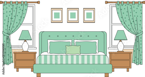 Modern mint green bedroom interior vector illustration with double bed nightstands lamps windows curtains and wall art frames.