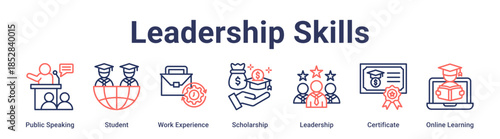 Leadership Skills banner web icon vector illustration concept for education with icon of Public Speaking, Student, Work Experience, Scholarship, Leadership, Certificate, Online.