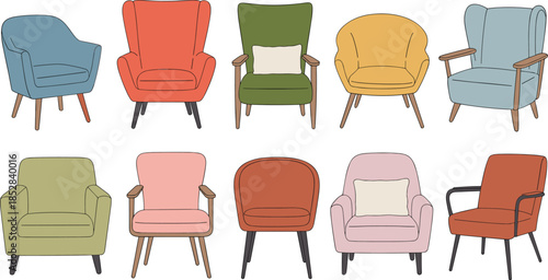 Set of colorful mid century modern armchairs and comfortable sofa chairs vector illustrations for interior design and home furniture.