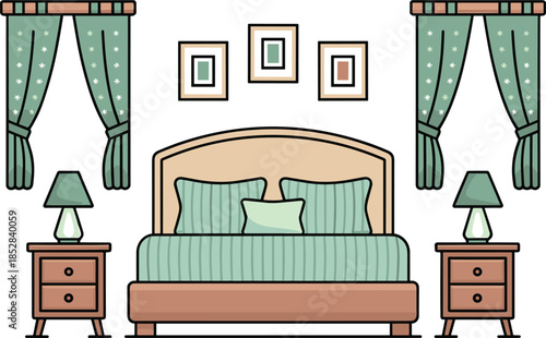 Modern cozy bedroom interior flat vector illustration with comfortable bed bedside tables lamps green curtains and wall art