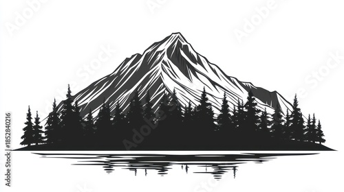 Monochrome mountain and forest illustration with reflection outdoors nature scenery