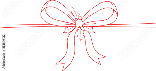 Line gift ribbon border. Red bow gift ribbons minimal line set. Vector bow and ribbon set. Red white striped String with knots and loops.
