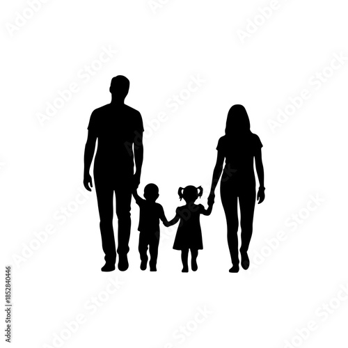 Family of four walking together isolated on transparent background