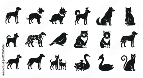 Collection of black animal silhouettes on white background vector