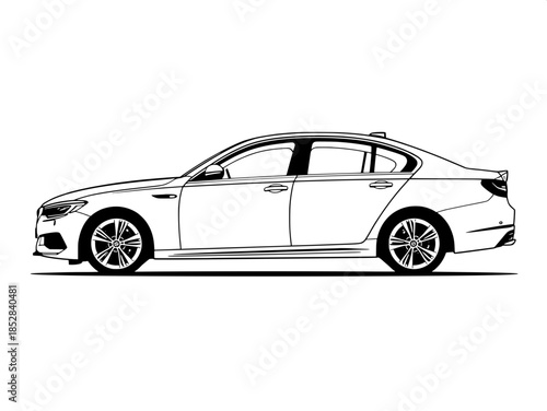 Black and white vector art of a contemporary sedan, angled three-quarter perspective, strong bold linework, smooth aerodynamic curves, detailed front grille, star-pattern wheels, flat white background
