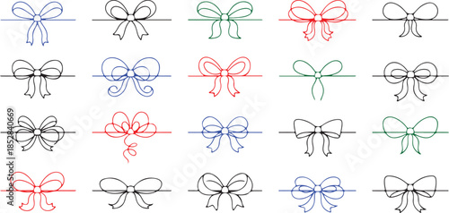 Line gift ribbon border. Red bow gift ribbons minimal line set. Vector bow and ribbon set. Red white striped String with knots and loops.