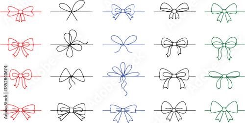 Line gift ribbon border. Red bow gift ribbons minimal line set. Vector bow and ribbon set. Red white striped String with knots and loops.
