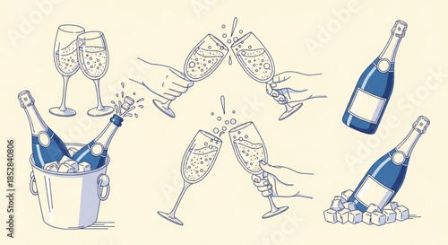 Champagne Celebration Set – Royalty-Free Vector. Two clinking glasses with champagne isolated on white background. Cheers, holiday toast 