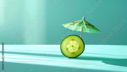 Cucumber Slice with Cocktail Umbrella on Turquoise Background.