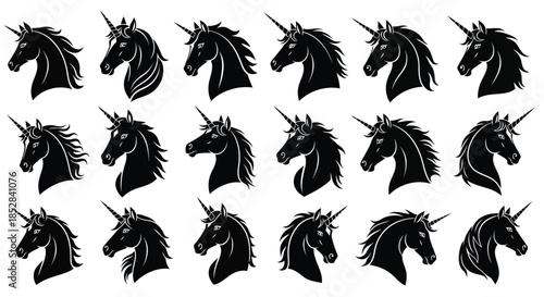 Collection of black unicorn heads on white background vector
