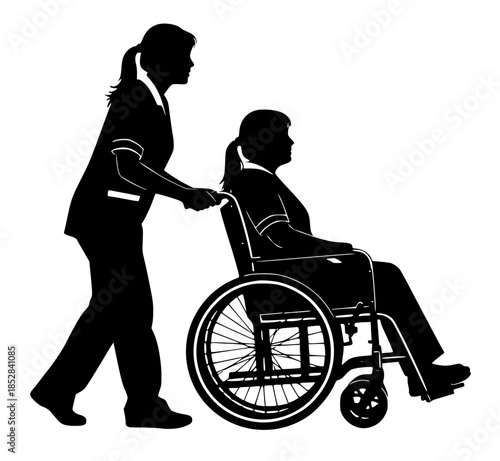Professional nurse provides compassionate care, pushing a patient in a wheelchair for mobility assistance and support in a healthcare setting