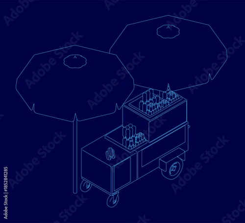 A modern mobile bar cart blueprint with two umbrellas for shade, featuring four wheels and a sleek contour design on a dark blue background.
