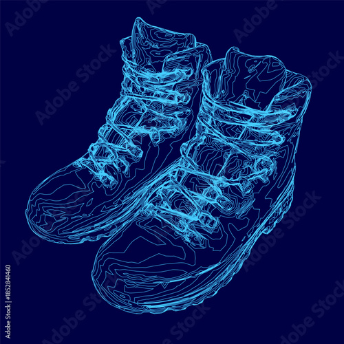 A pair of blue military-style sneakers stands in sharp contour against a dark blue background.