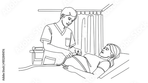High-quality black continuous line art of healthcare worker measuring pregnant woman’s belly or checking fetal growth, prenatal care, maternity wellness, motherhood illustration