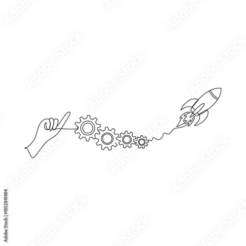 A hand launching a rocket connected by gears in a continuous line drawing