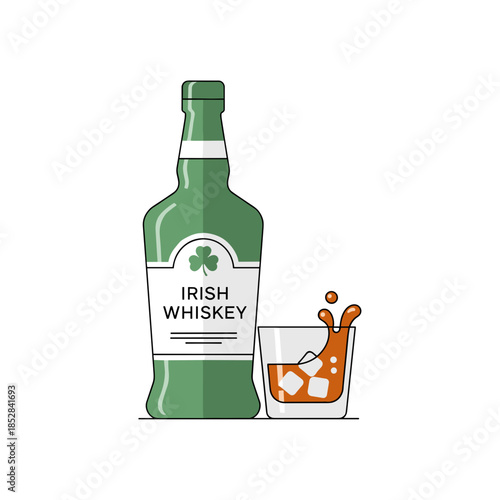 Colorful artwork of an Irish whiskey bottle alongside a glass and a dynamic splash of ice, evoking a lively drink scene. Irish whiskey green bottle with glass and ice splash illustration.   