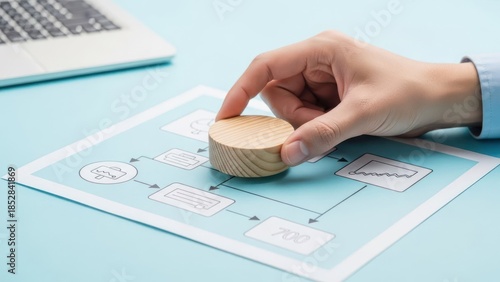 Wooden disc is moved on flowchart, with laptop on light blue surface