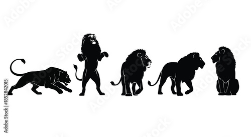 Five black lion silhouettes in different poses on white background vector