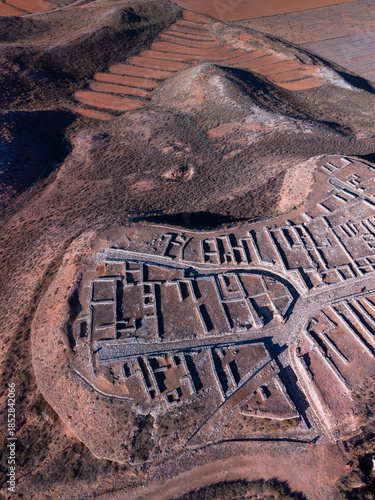 Aerial view from a drone of the Iberian-Celtic-Roman city of Cabezo de Alcalá in Azaila, Bajo Martín region, Teruel province, Aragon, Spain, Europe
