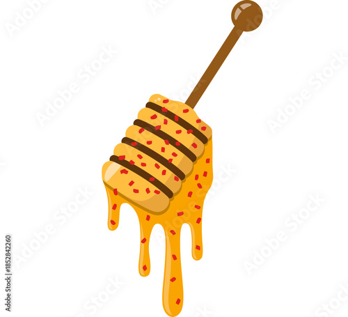 Golden honey dripping from a dipper, with a hint of red chili flakes, in a minimalist flat icon style